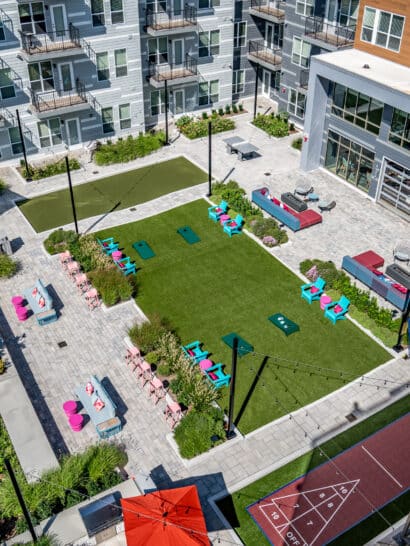 The 3rd floor central courtyard, built by Dex by Terra, at V2 Apartments in Chelsea, Massachusetts. Landscape & hardscape installation.