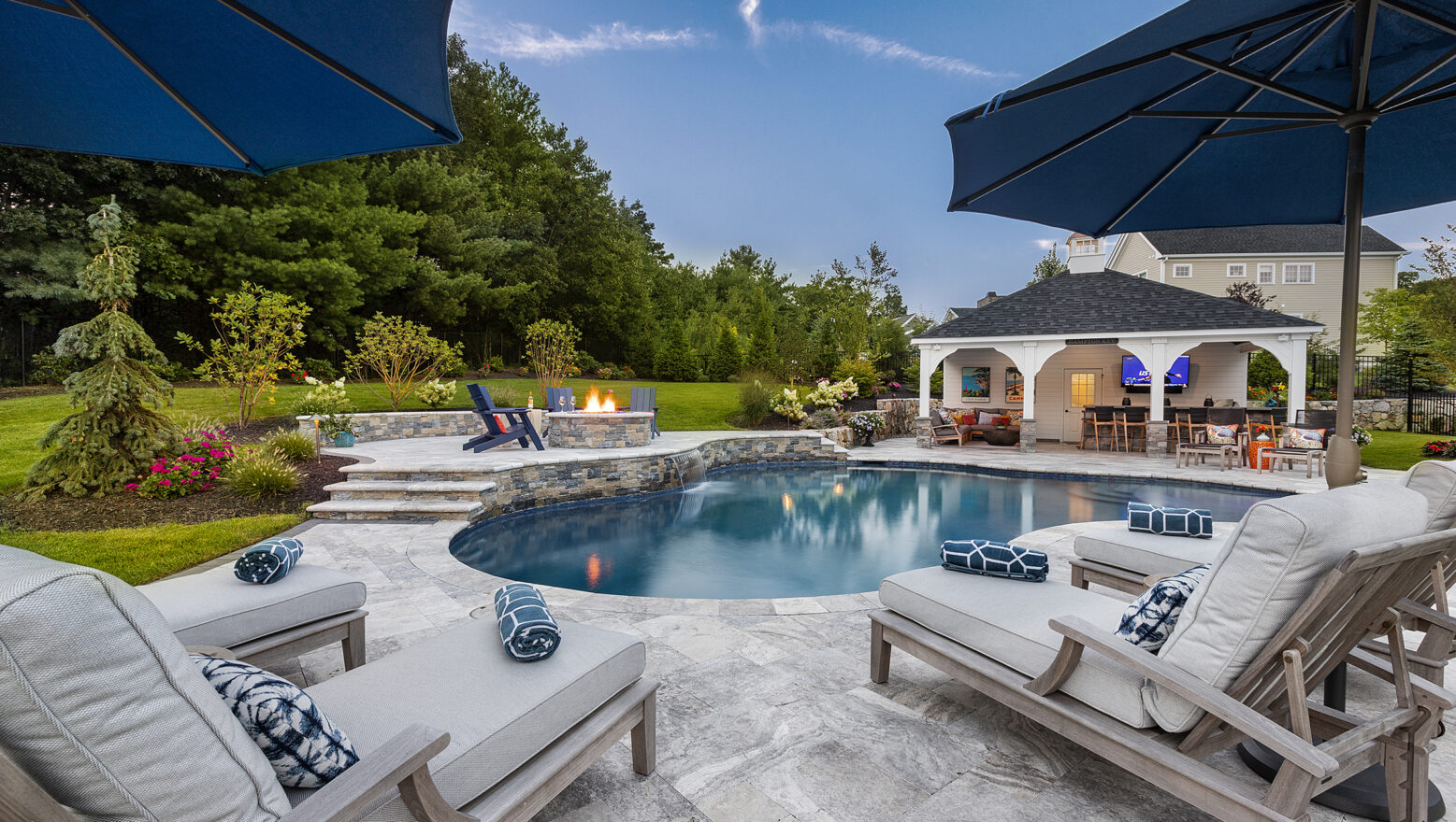 Norfolk MA Pool chairs, fire pit, pavilion