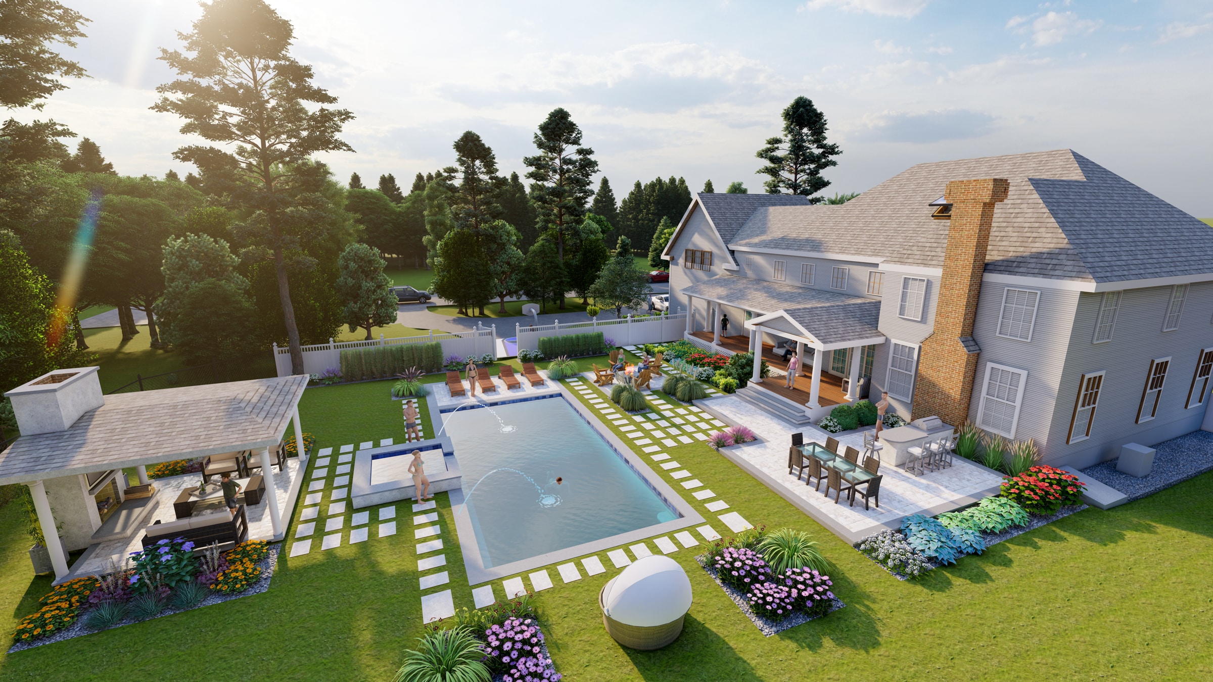 Lumion 3D Render of backyard pool area. Dex by Terra Landscape design / build project in Andover, Massachusetts