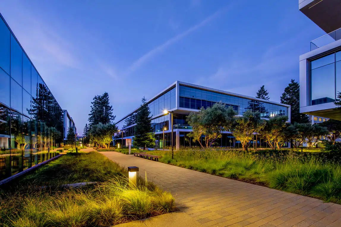 A Commercial Campus Courtyard With Landscape Lighting. Dex by Terra Commercial Services, Hudson, MA.
